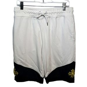 Hudson Shorts L White Sweats Black Leather & Gold Patch Design Cotton Drawstring